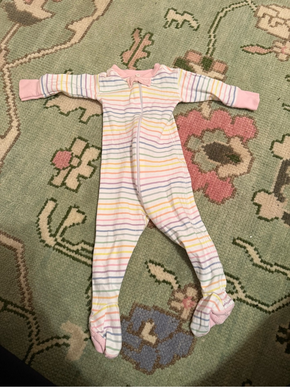 The Beaufort Bonnet Company Pastel Rainbow Stripe Footed Pajamas - Pink Trim